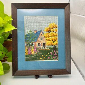 Vintage Framed Needlepoint Cottage Landscape Hand Stitched Art